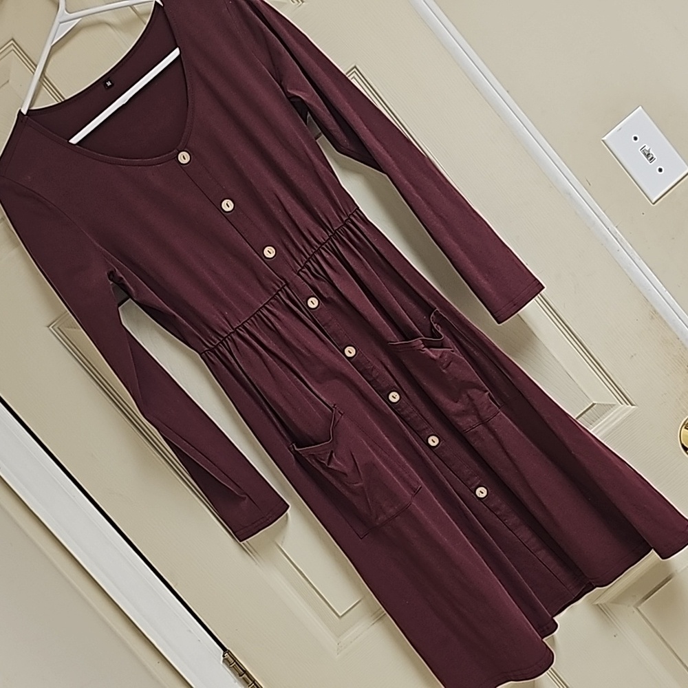 Burgundy, Mid-Length Long Sleeve Dress